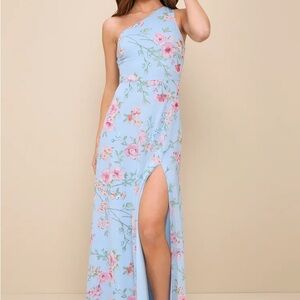 Lulu's Elegant Admiration Light Blue Floral One-Shoulder Maxi Dress